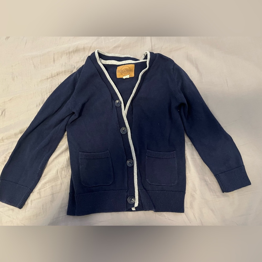Hope and Henry XXS (2-3T) Navy Tipper Organic Cardigan Sweater, Elbow Patches